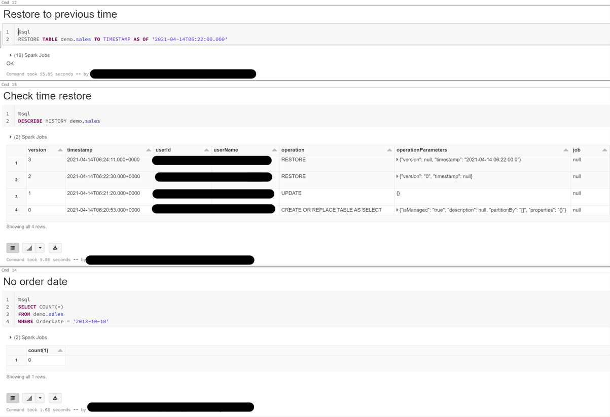Restore delta table to previous time