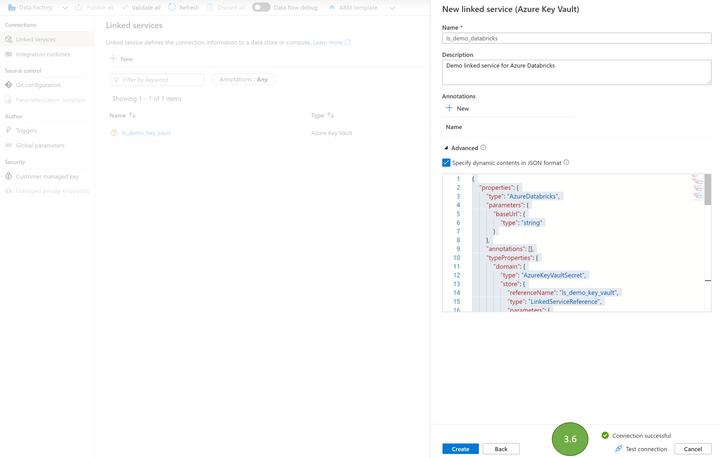 Json key vault url value during connection test