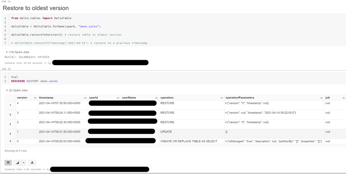 Restore delta table to oldest version